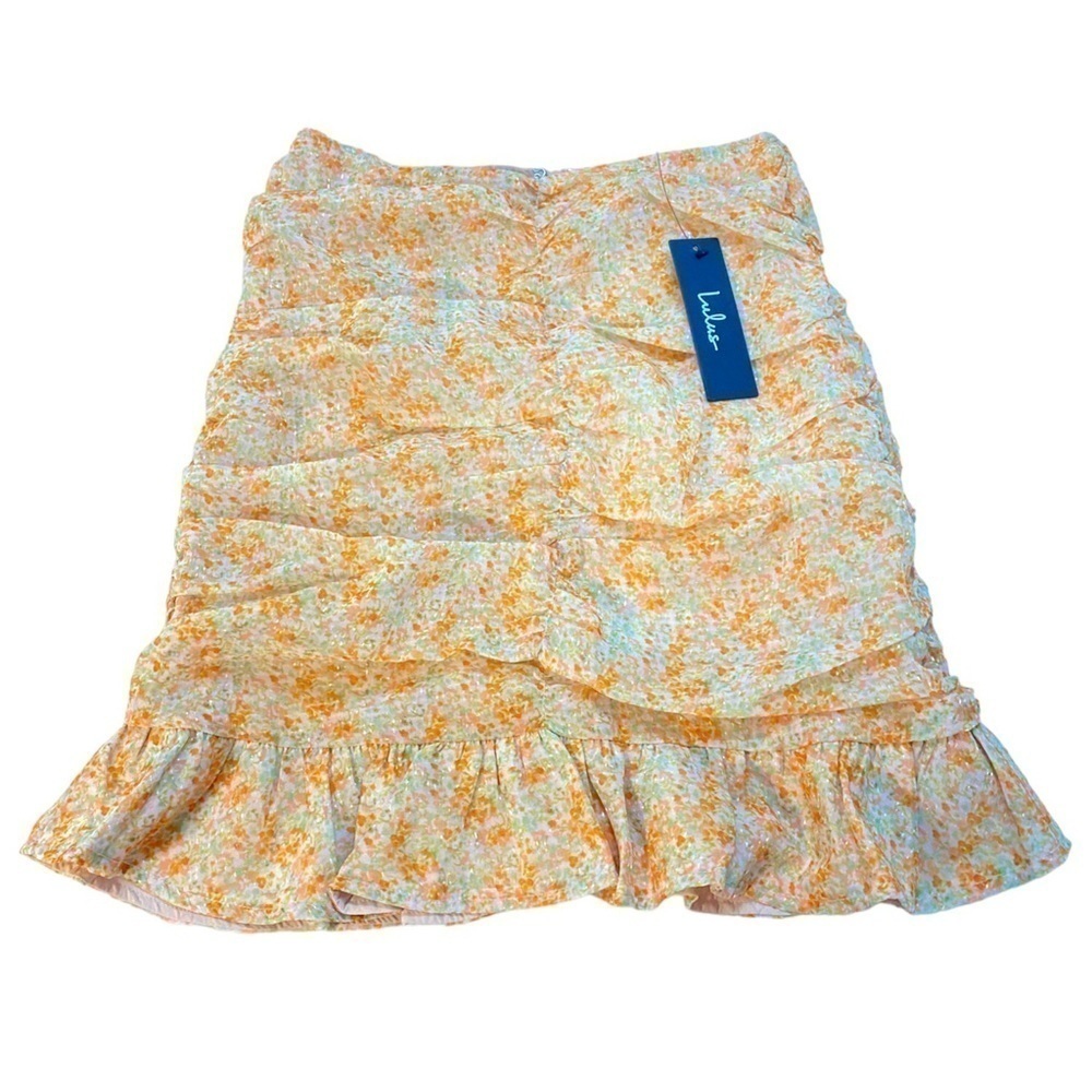 🆕Lulus - Ruche Toward Spring Orange Floral Print Ruched Mini Skirt - Picture 4 of 10